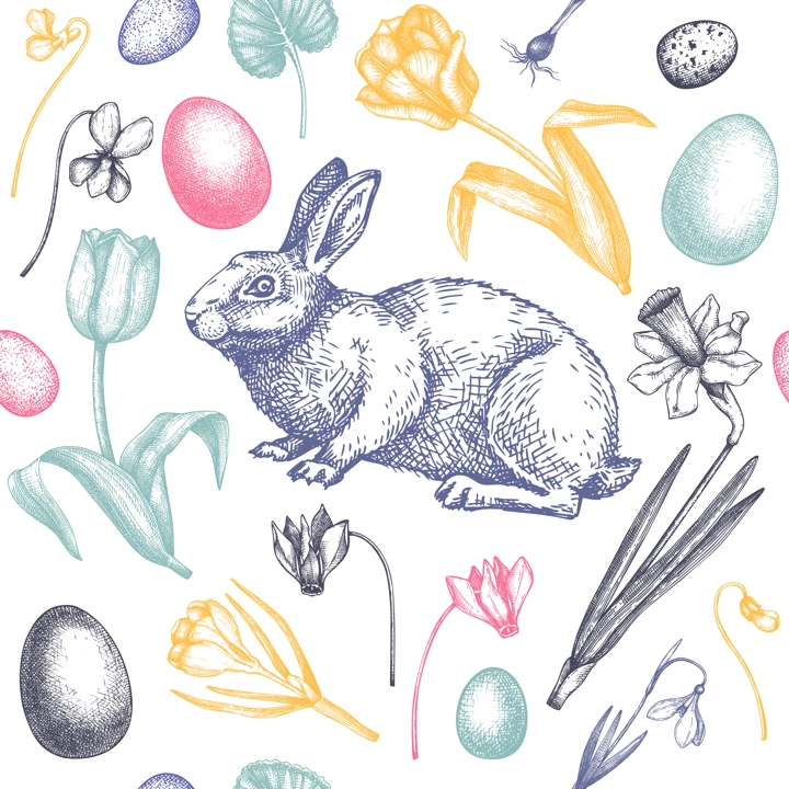 Easter seamless pattern. With spring flowers, eggs and rabbit hand-drawings. Hand-sketched botanical backdrop. Spring plants and animals sketches. Vector Easter background